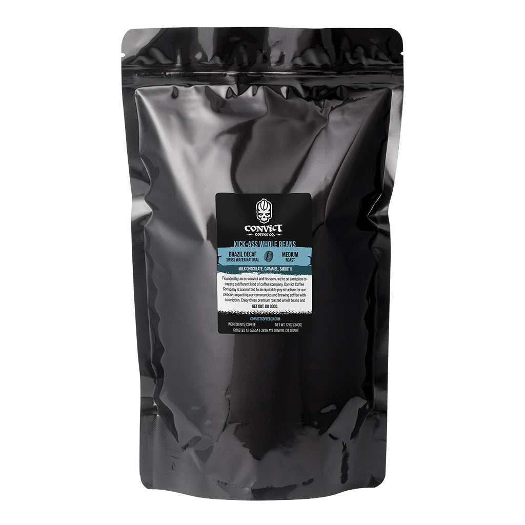 Black 5lb coffee bag with a Brazil Decaf label on a white background