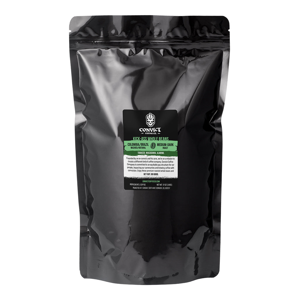 Black 5lb coffee bag with a Colombia/Brazil Medium-Dark label on a white background