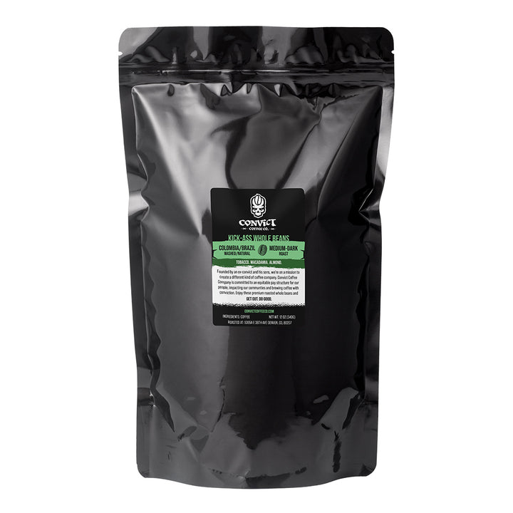 Black 5lb coffee bag with a Colombia/Brazil Medium-Dark label on a white background