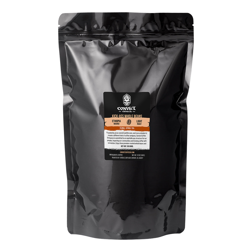 Black 5lb coffee bag with a Ethiopia Washed label on a white background