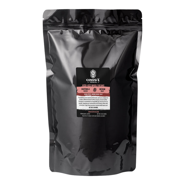 Black 5lb coffee bag with a Guatemala Medium label on a white background