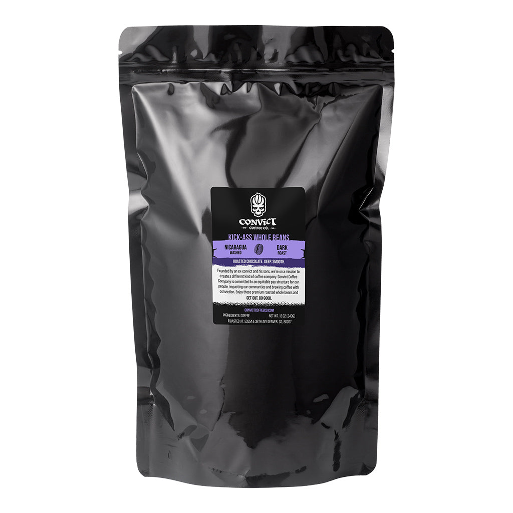 Black 5lb coffee bag with a Nicaragua Dark label on a white background