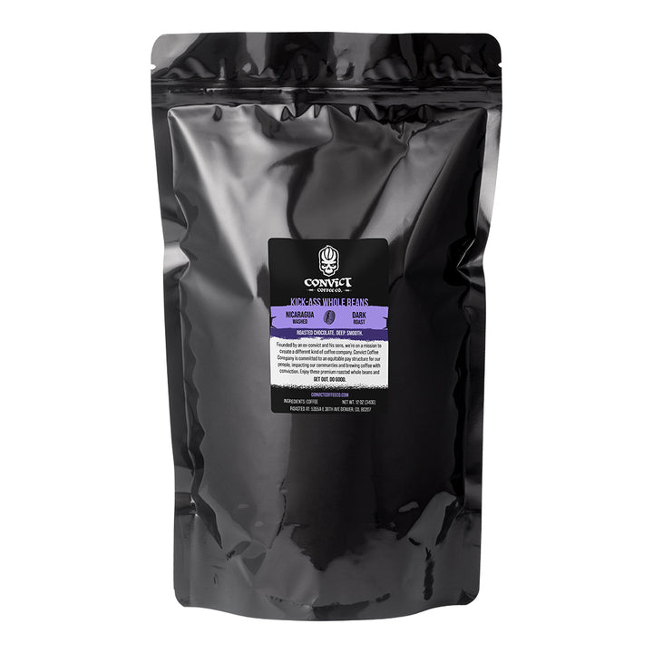Black 5lb coffee bag with a Nicaragua Dark label on a white background