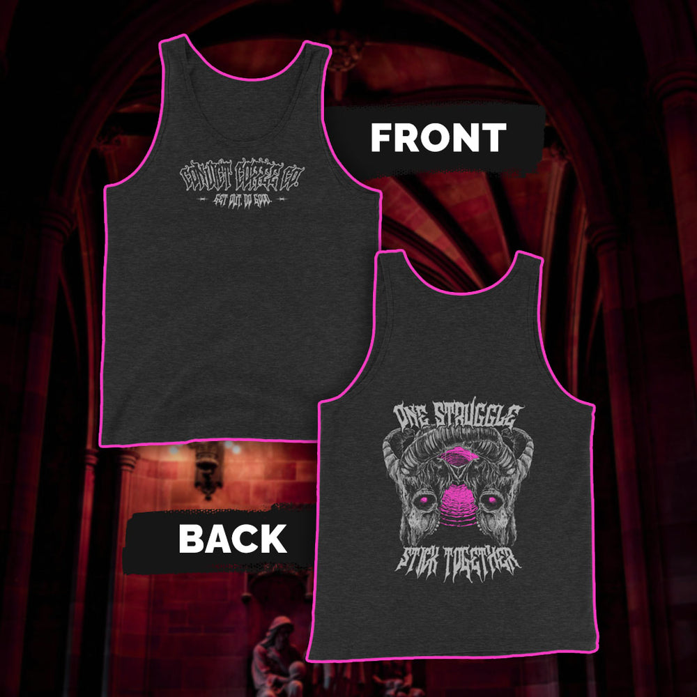 Charcoal Black Triblend tank top with Convict Coffee Co metal font front design in light grey print and 'One Struggle Stick Together' design with goat skulls stuck together back, set against a dark red gothic interior background.