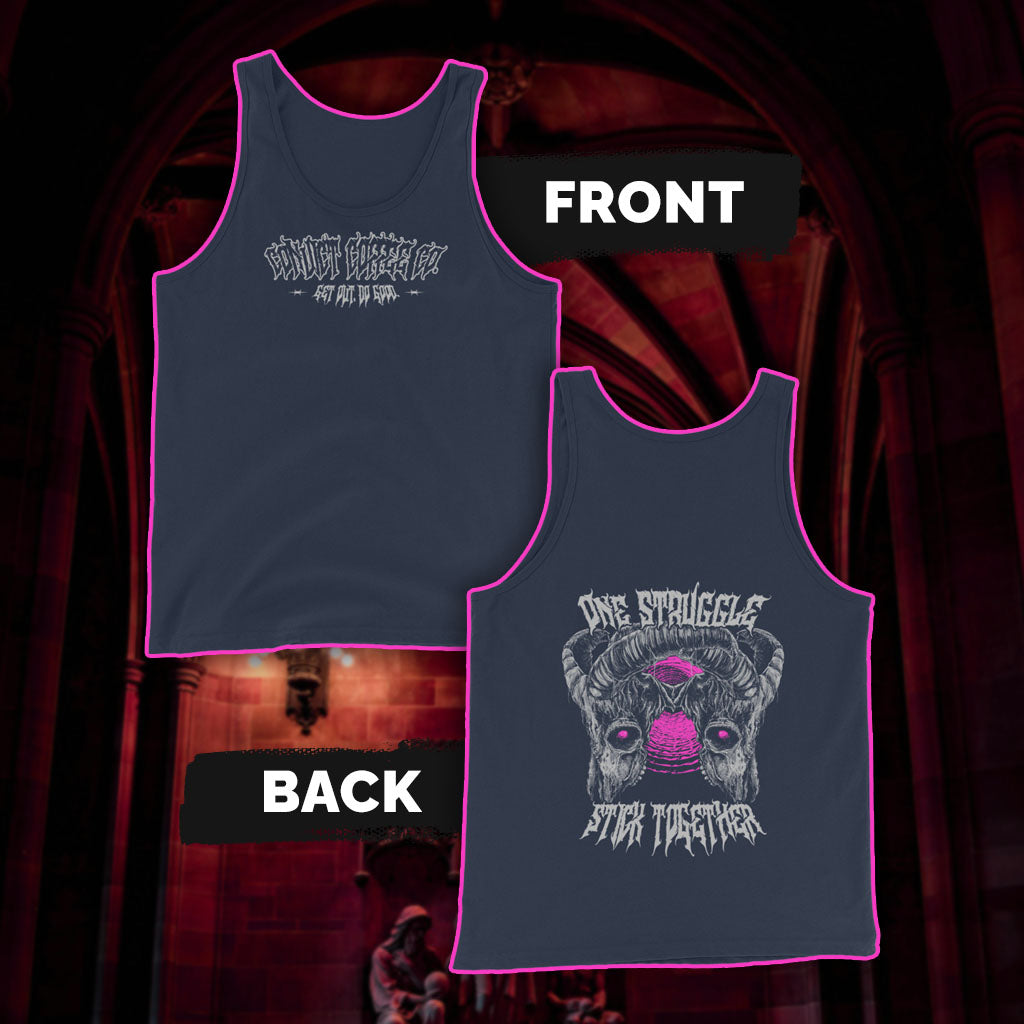 Navy tank top with Convict Coffee Co metal font front design in light grey print and 'One Struggle Stick Together' design with goat skulls stuck together back, set against a dark red gothic interior background.
