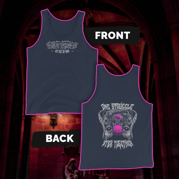 Navy tank top with Convict Coffee Co metal font front design in light grey print and 'One Struggle Stick Together' design with goat skulls stuck together back, set against a dark red gothic interior background.