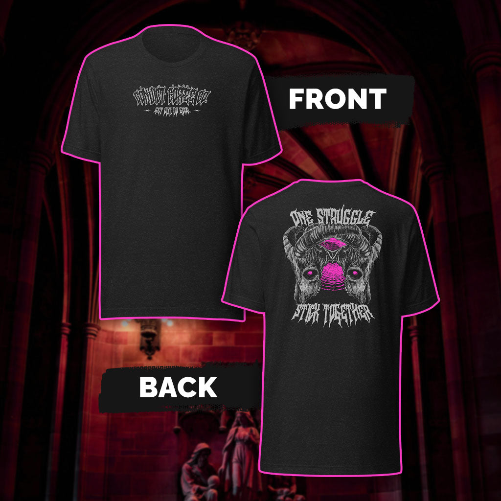 Black Heather tank top with Convict Coffee Co metal font front design in light grey print and 'One Struggle Stick Together' design with goat skulls stuck together back, set against a dark red gothic interior background.