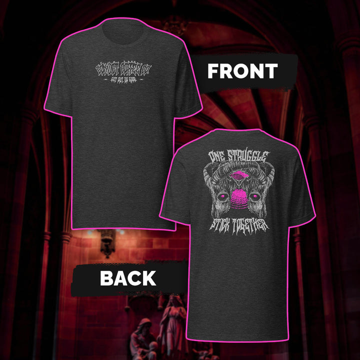 Dark Grey Heather T-Shirt with Convict Coffee Co metal font front design in light grey print and 'One Struggle Stick Together' design with goat skulls stuck together back, set against a dark red gothic interior background.