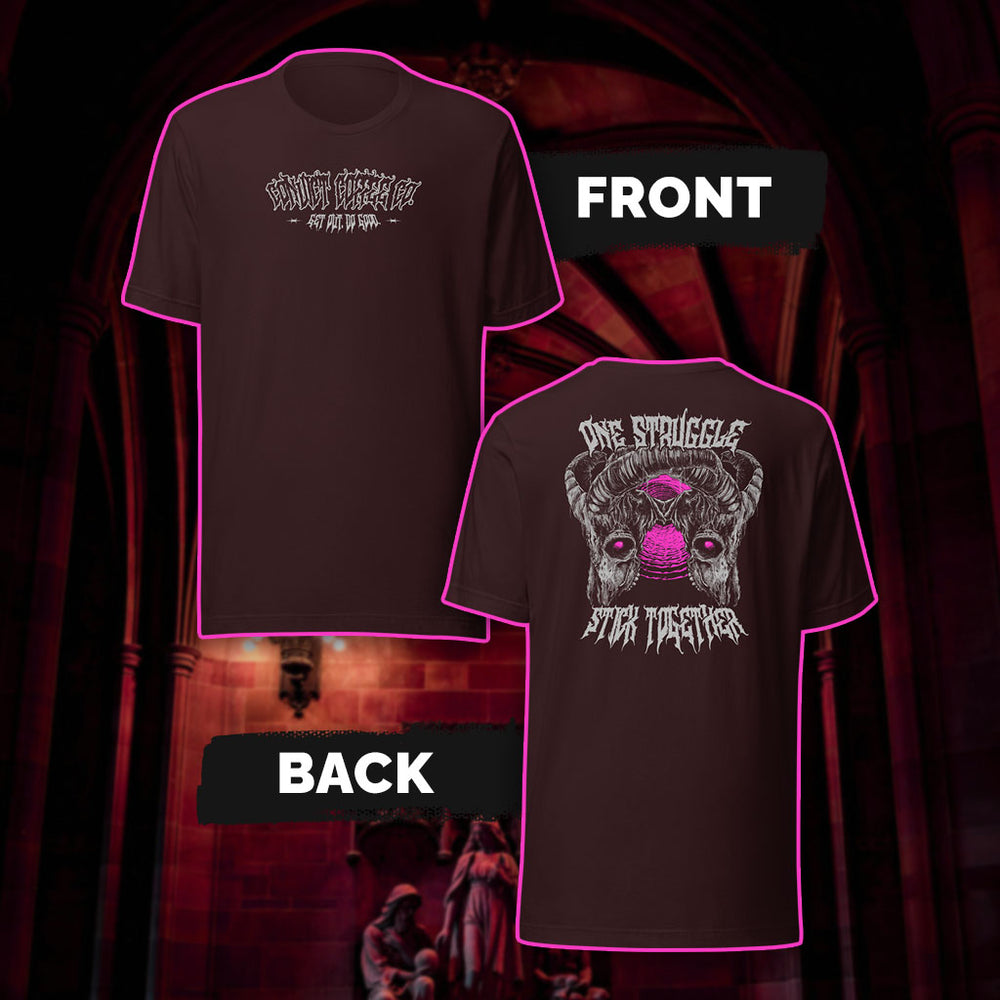 Oxblood Black Dark Red tank top with Convict Coffee Co metal font front design in light grey print and 'One Struggle Stick Together' design with goat skulls stuck together back, set against a dark red gothic interior background.