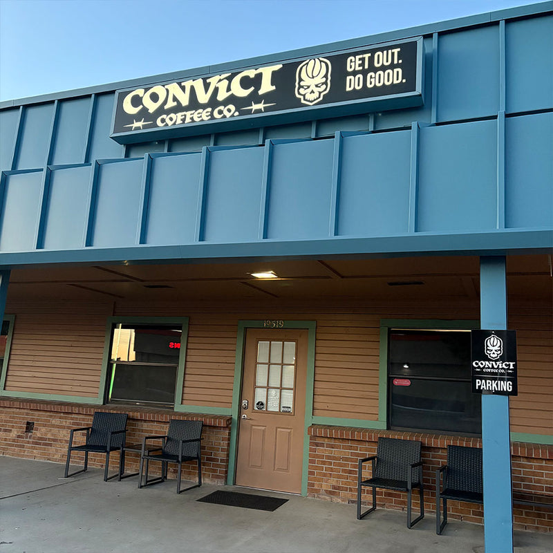 Convict Coffee Co. Parker storefront with outdoor seating area