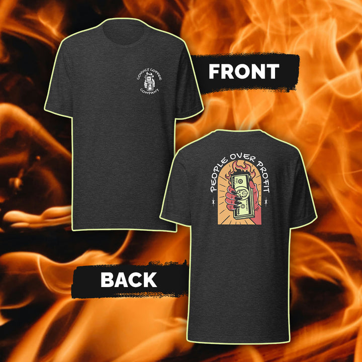 Dark Grey Heather t-shirt with White 'Convict Coffee Company' Hand Holding money on fire front print and 'People over Profit' hand holding money on fire colorful back print set on a fiery background