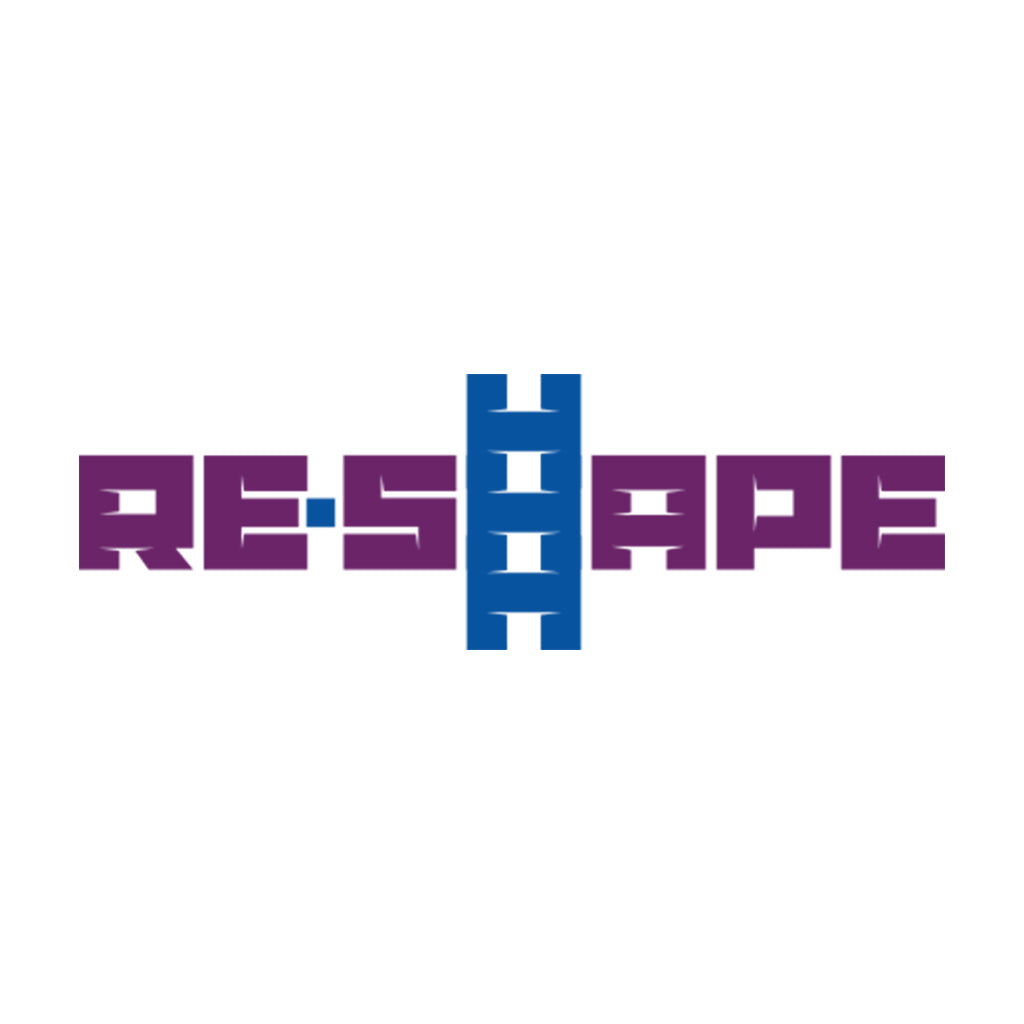 The logo for 'RE-SHAPE' is displayed on a solid white background. The wordmark features the letters 'RE-SHAPE' in a bold, stylized purple font, with the central 'S' and 'H' designed as blue 3D steps or ladders.