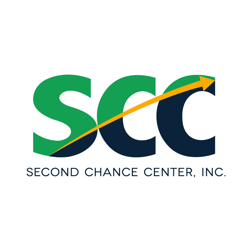 The logo for Second Chance Center, Inc. (SCC) features the letters 'S', 'C', and 'C' in green, navy blue, and white, with a yellow arrow running diagonally across them.