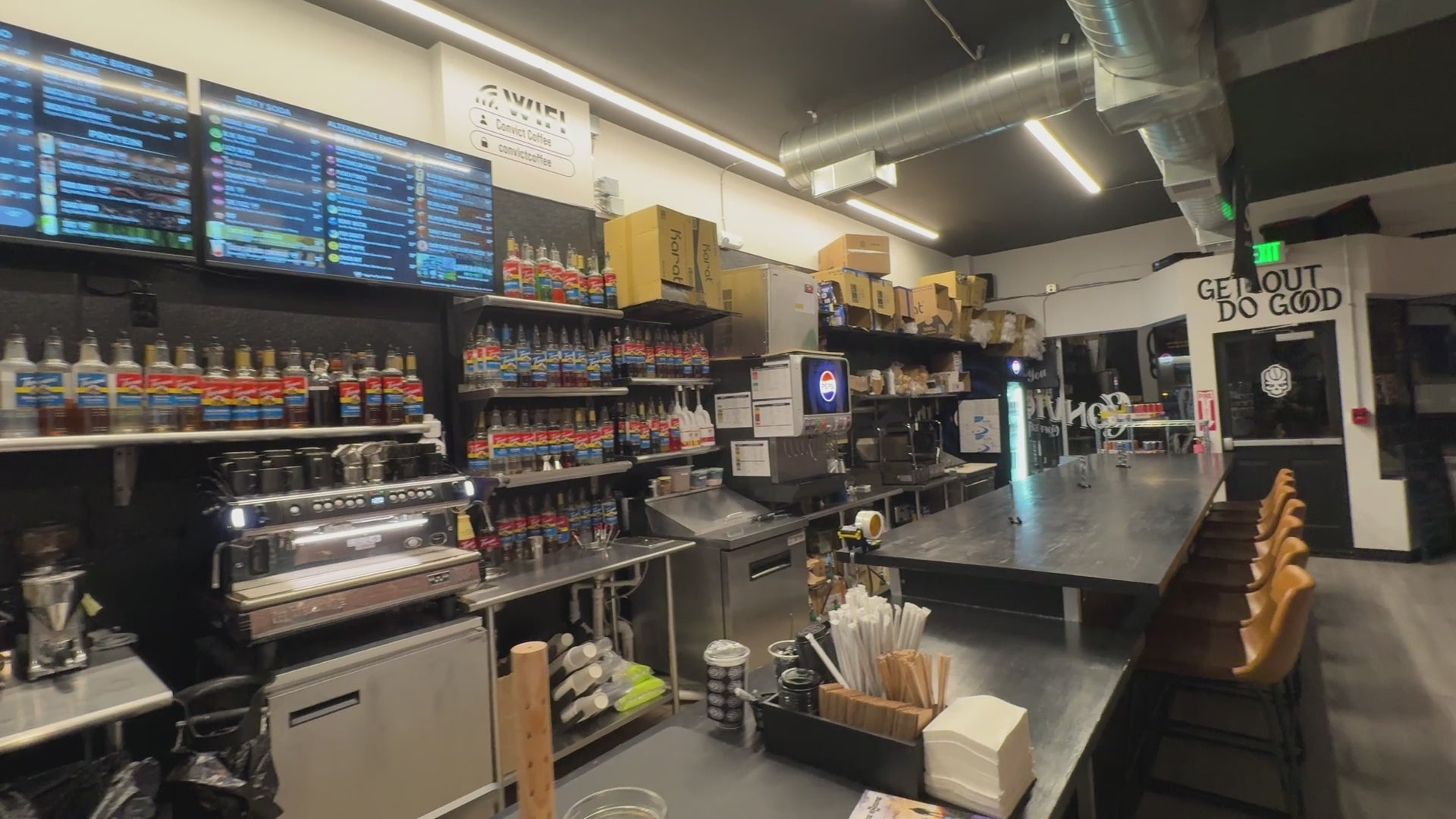 Video of convict coffee Denver - Evans location interior shots, making coffee, compilation